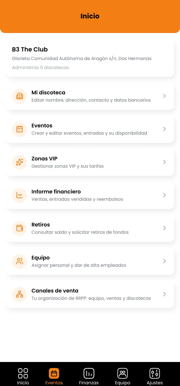 Menú del administrador: mi discoteca, eventos, zonas VIP, informe financiero, retiros, equipo y canales de venta.