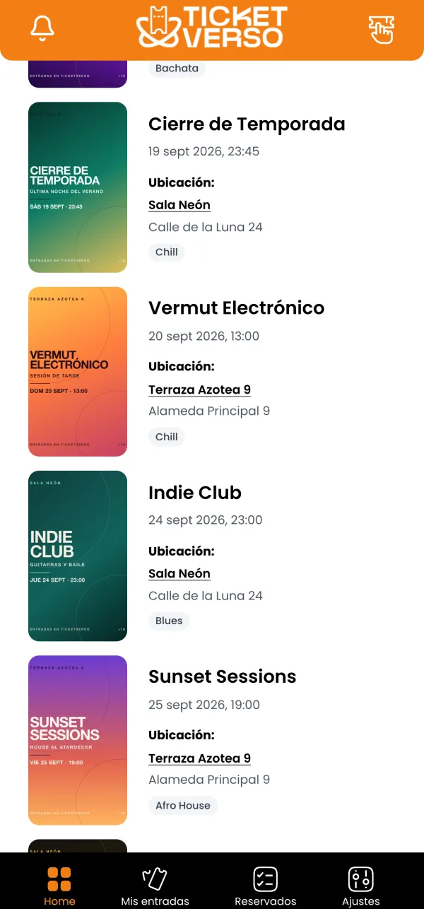App del público: listado de eventos, cada uno con su cartel, fecha y sala.