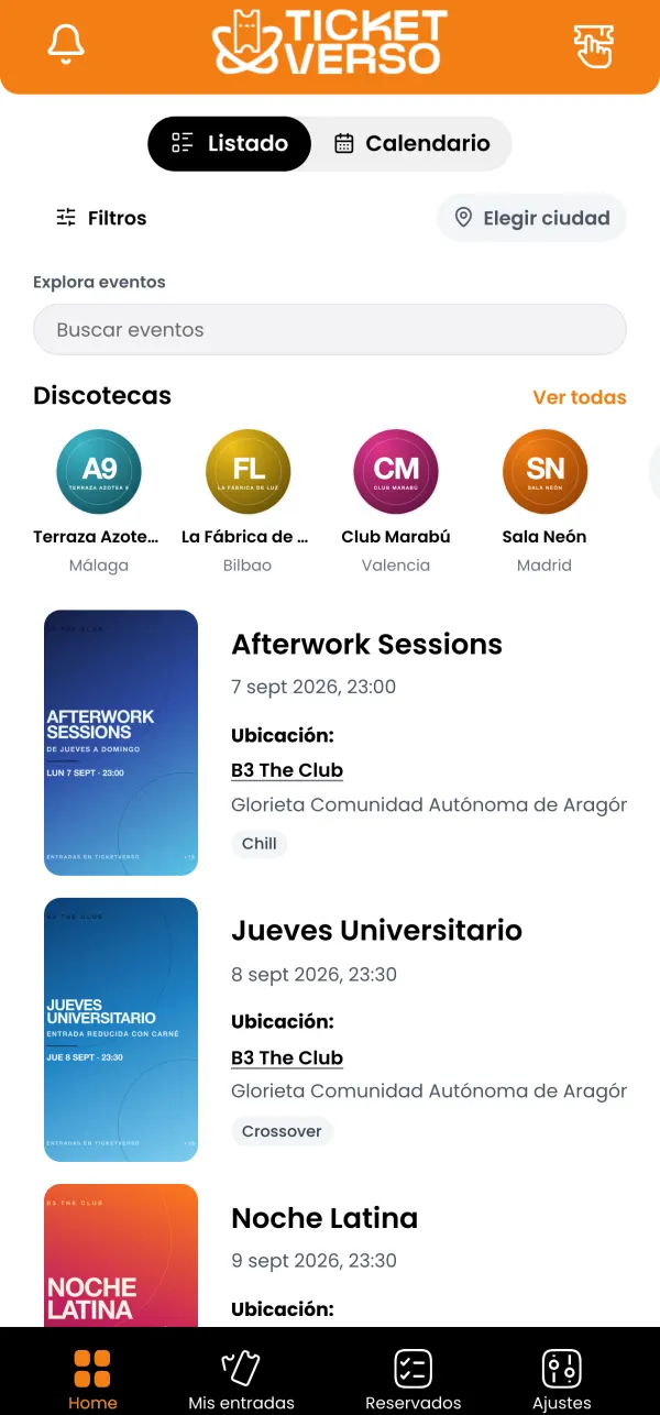 Explorar en la app: filtros, elegir ciudad, buscador, discotecas y vista de listado o calendario.