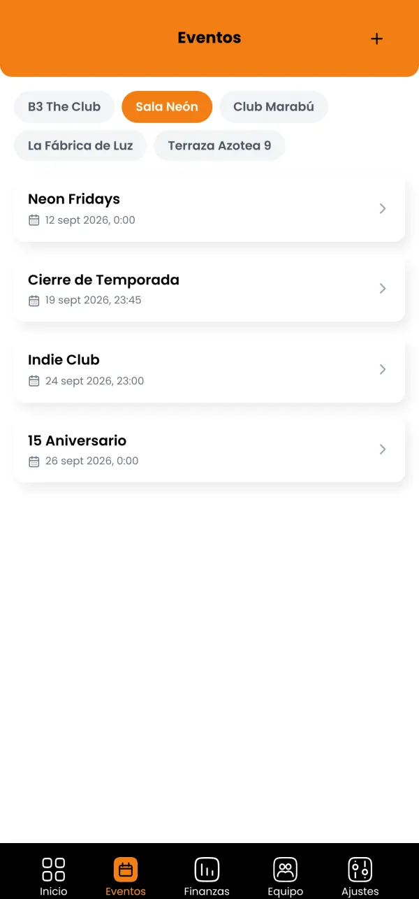 Cartelera del manager: los eventos de cada sala con su fecha y hora.