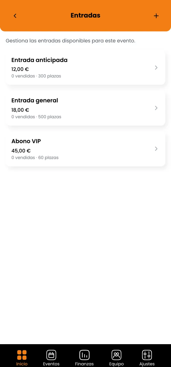 Perfil Manager: tipos de entrada de un evento, cada uno con su precio y sus plazas.