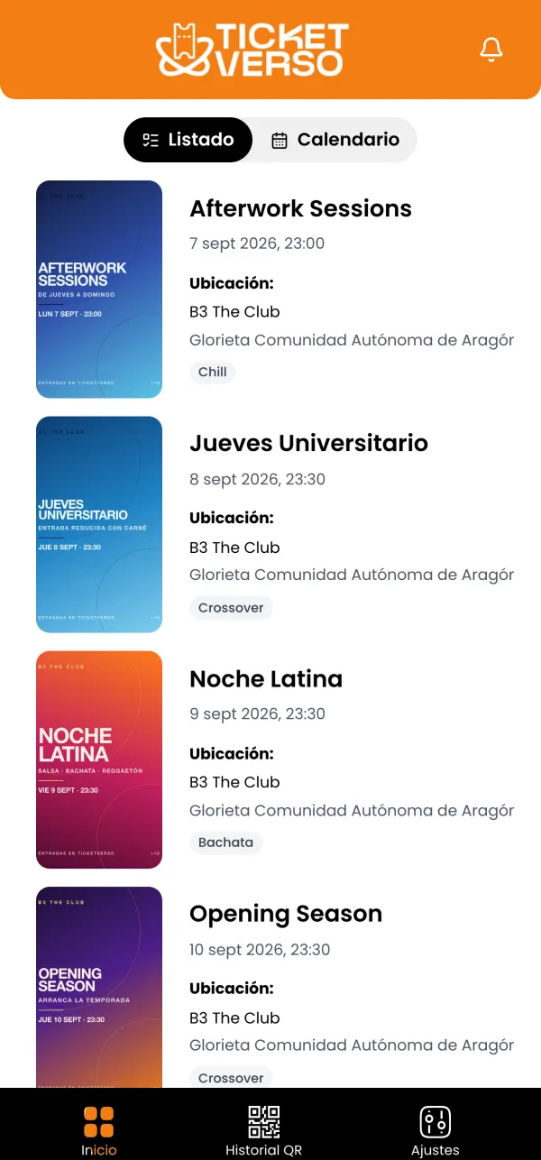 Perfil Puerta: eventos de la sala con acceso al historial de escaneos QR.